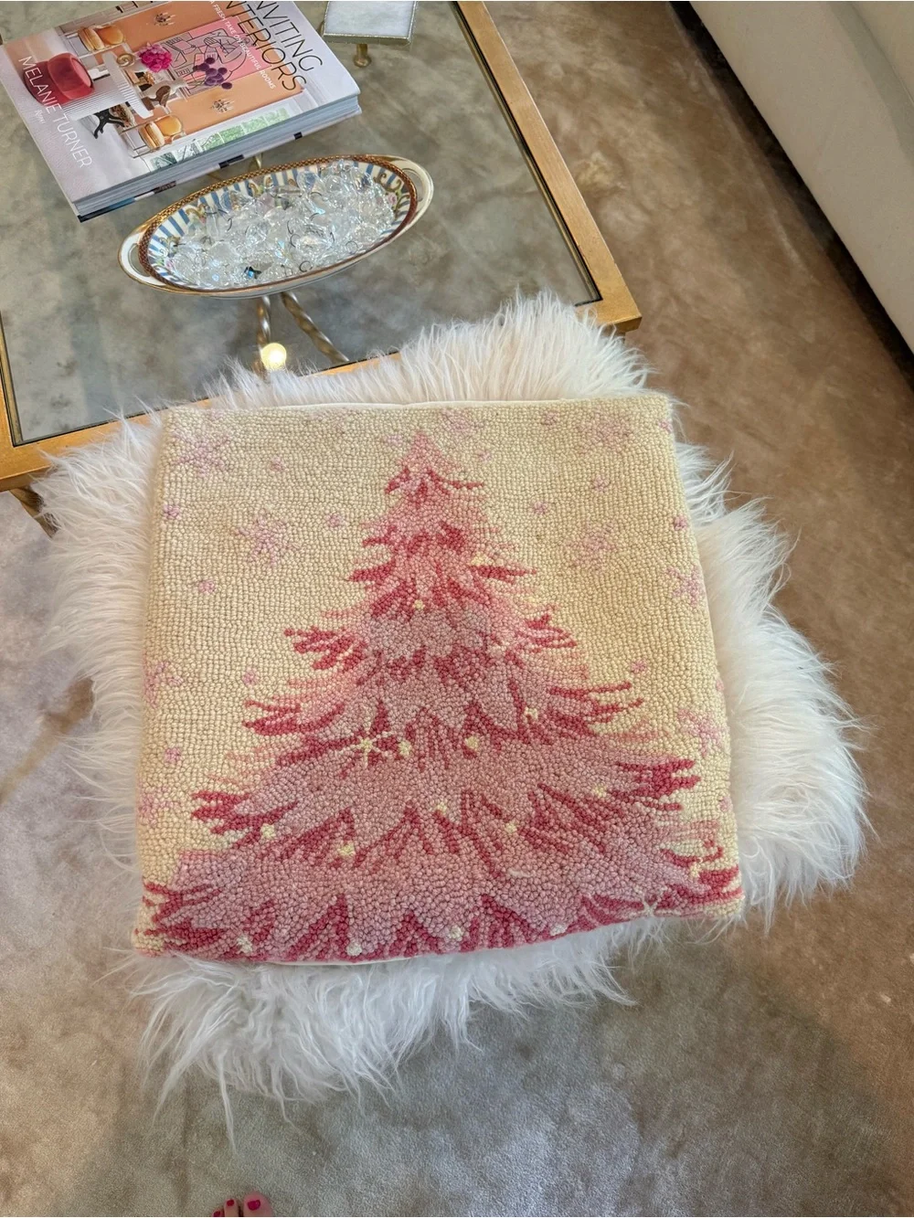Pink Christmas Tree Needlepoint Hooked Pillow Cover 18x18 - Holiday Decor